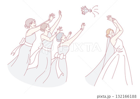Smiling bride throw wedding bouquet at bridesmaids 132166188