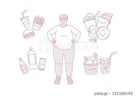Happy fat man surrounded by junk food products 132166189