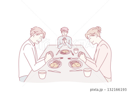 Religious family with kid pray thanking for food Religious family with kid pray thanking for food 132166193