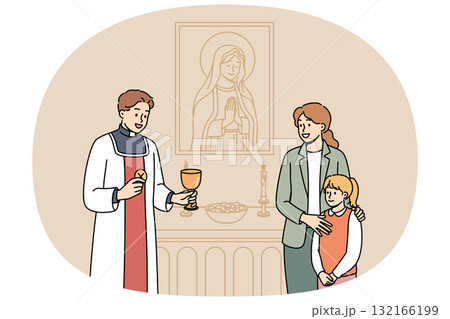 Mom brought daughter to church to talk with priest standing near altar with portrait of Virgin Mary 132166199