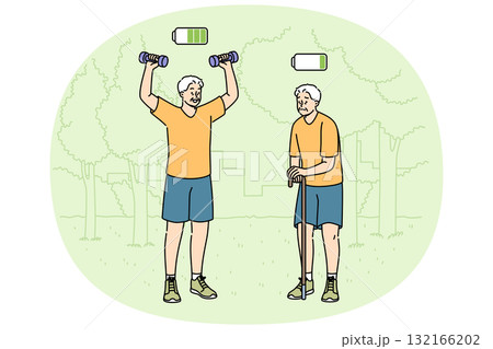 Elderly man plays sports in park and feels presence of energy, standing next to lethargic friend Elderly man plays sports in park and feels presence of energy, standing next to lethargic friend 132166202