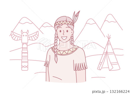 Smiling native American indian woman in traditional clothes 132166224