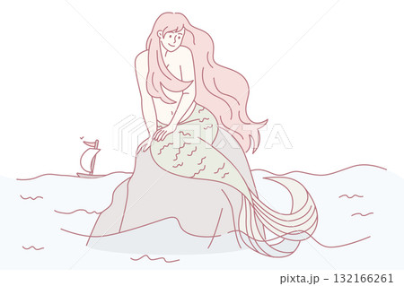 Beautiful mermaid sit on stone in open ocean 132166261