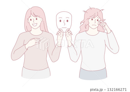 Young woman with different emotions suffer from bipolar disorder 132166271