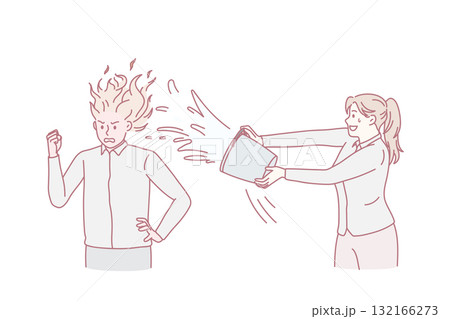Woman pour water to colleague with burning head Woman pour water to colleague with burning head 132166273