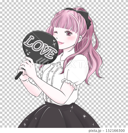 うちわを持って推し活を楽しむ女性ブラック うちわを持って推し活を楽しむ女性ブラック 132166300