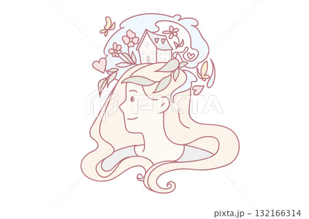Smiling woman visualize dreams in head 132166314