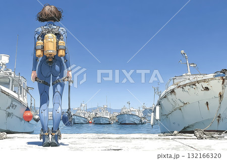 潜る準備が整い海を見つめる女性ダイバー　後ろ姿 132166320