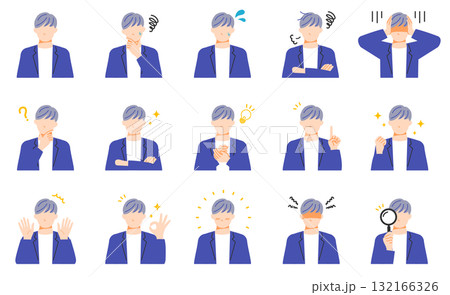 オフィスカジュアルな服装のビジネスマンの表情イラストセット。フラットデザイン。 132166326