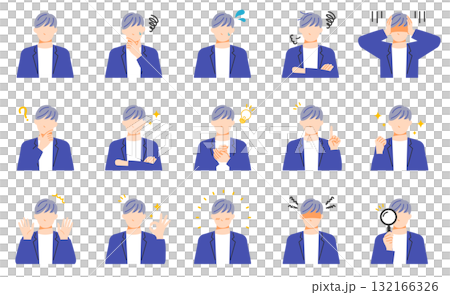 オフィスカジュアルな服装のビジネスマンの表情イラストセット。フラットデザイン。 132166326