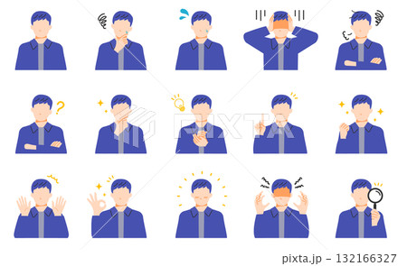 若い男性ビジネスパーソンの表情イラストセット。フラットデザイン。 132166327