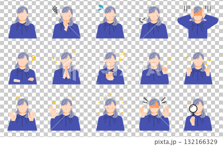 オフィスで働く若い女性の表情イラストセット。フラットデザイン。 132166329