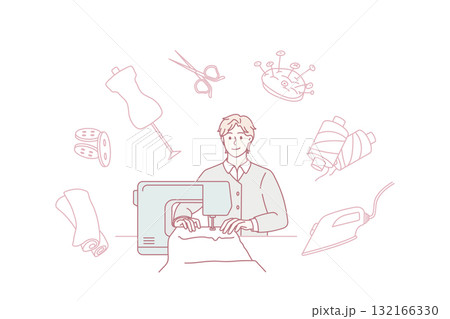 Man dressmaker design clothing work on sewing machine Man dressmaker design clothing work on sewing machine 132166330