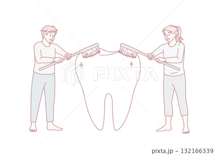 People brush huge tooth with toothbrushes 132166339