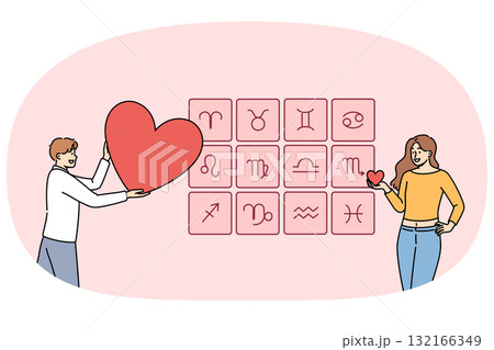 Love horoscope is used by woman to select sexual partner, standing near signs of zodiac with heart Love horoscope is used by woman to select sexual partner, standing near signs of zodiac with heart 132166349