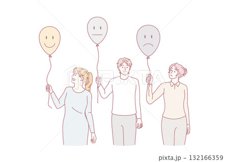 Diverse people hold balloons with emotions 132166359