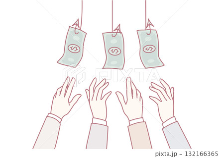People compete for money hanging on hooks People compete for money hanging on hooks 132166365