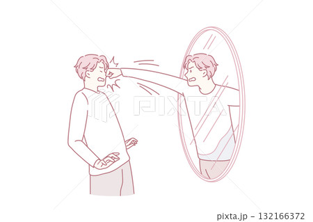 Angry man fight with reflection in mirror 132166372