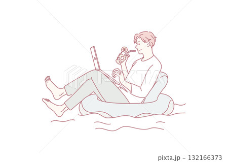 Relaxed man in swimming pool working on computer 132166373