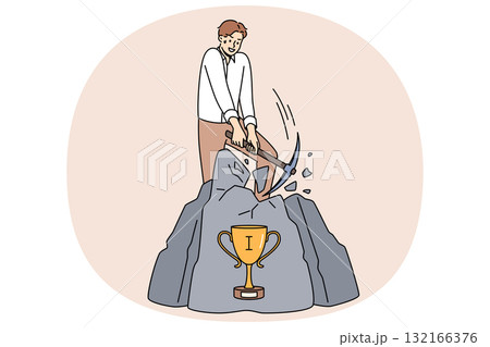 Challenge for business man who wants to get trophy hidden in rock and achieve success in life Challenge for business man who wants to get trophy hidden in rock and achieve success in life 132166376