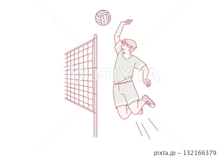 Sporty man play volleyball throw ball over net Sporty man play volleyball throw ball over net 132166379