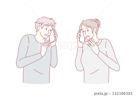 Scared man and woman feel afraid talking on phone 132166385
