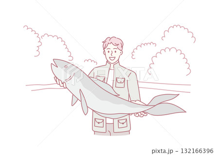 Smiling fisherman hold big fish haul 132166396
