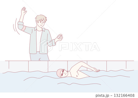 Trainer teach man swimming in indoor pool 132166408