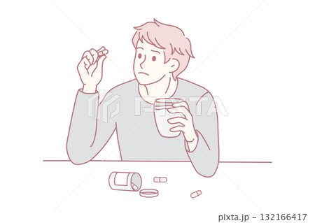 Confused man think of taking pills 132166417