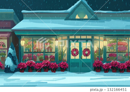 Cozy flower shop illustration with holiday decorations and snow-covered surroundings 132166451