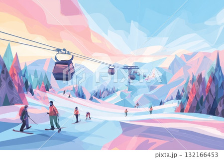 Colorful winter landscape with ski lift and skiers enjoying the snowy mountain scenery 132166453