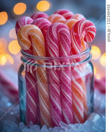 Colorful candy canes in a glass jar with festive bokeh lights creating a cheerful atmosphere 132166458