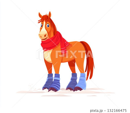 Cartoon horse wearing a red scarf and blue boots standing in a snowy landscape illustration Cartoon horse wearing a red scarf and blue boots standing in a snowy landscape illustration 132166475