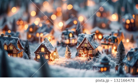 Miniature winter village scene with illuminated houses and snow-covered landscape at night Miniature winter village scene with illuminated houses and snow-covered landscape at night 132166478