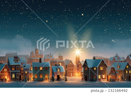 Winter village scene with snow-covered houses and glowing star illuminating the night sky Winter village scene with snow-covered houses and glowing star illuminating the night sky 132166492