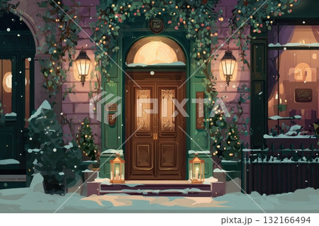 Winter illustration of a cozy entrance adorned with festive decorations and snow-covered surroundings Winter illustration of a cozy entrance adorned with festive decorations and snow-covered surroundings 132166494