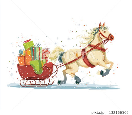 Horse pulling festive sleigh filled with colorful presents in a snowy winter landscape Horse pulling festive sleigh filled with colorful presents in a snowy winter landscape 132166503