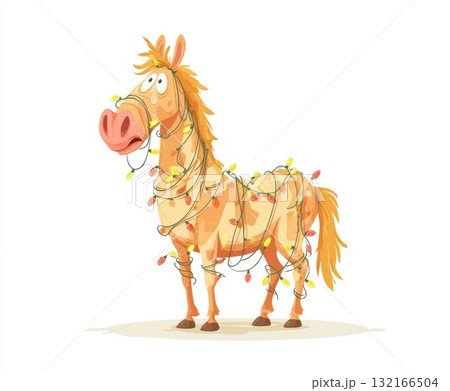 Cartoon horse wrapped in colorful Christmas lights with a playful expression and festive vibe Cartoon horse wrapped in colorful Christmas lights with a playful expression and festive vibe 132166504
