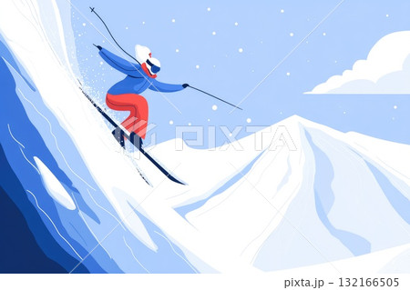 Dynamic skier in vibrant outfit carving through fresh powder on snowy mountain slope Dynamic skier in vibrant outfit carving through fresh powder on snowy mountain slope 132166505