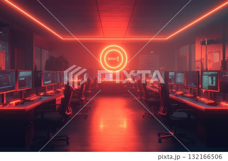 Futuristic gaming room with multiple computers and neon lighting creating an immersive atmosphere Futuristic gaming room with multiple computers and neon lighting creating an immersive atmosphere 132166506