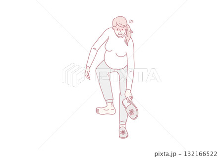 Angry pregnant woman bend unable to wear slippers Angry pregnant woman bend unable to wear slippers 132166522