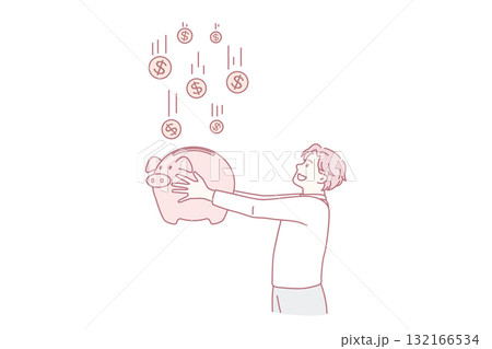 Happy businessman collect coins in piggybank from investments Happy businessman collect coins in piggybank from investments 132166534