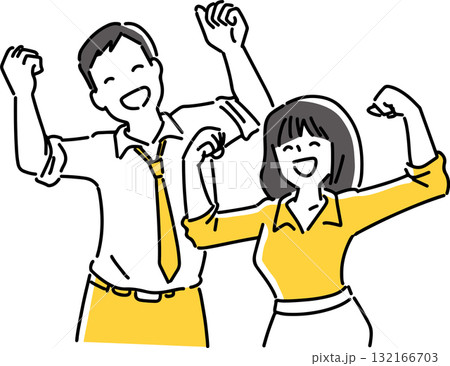 笑顔でガッツポーズをとる男女 132166703
