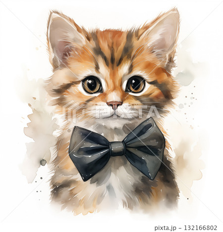 This is a watercolor illustration of a cute kitten wearing a bow tie 132166802