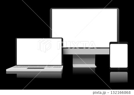 Computer monitor, laptop and tablet with empty screens on black background - 3D illustration 132166868