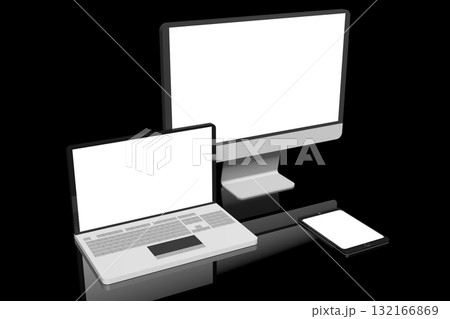 Computer monitor, laptop and tablet with empty screens on black background - 3D illustration Computer monitor, laptop and tablet with empty screens on black background - 3D illustration 132166869