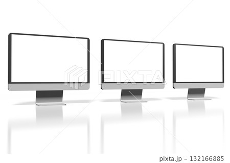 Three computer monitors with empty screens on white background - 3D illustration 132166885