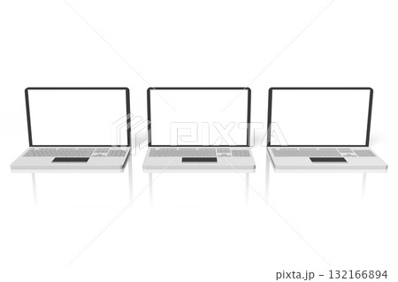 Three laptops with empty screens on white background - 3D illustration Three laptops with empty screens on white background - 3D illustration 132166894