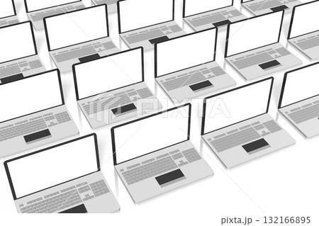 Many laptops with empty screens on white background - 3D illustration Many laptops with empty screens on white background - 3D illustration 132166895