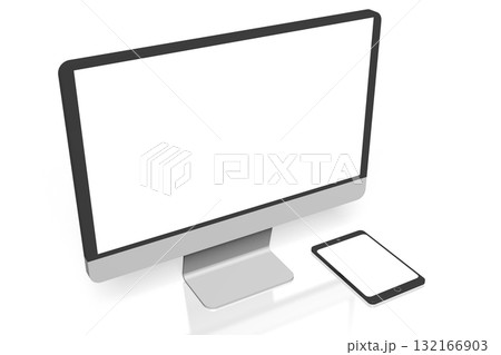Computer monitor and cell phone with empty screens on white background - 3D illustration Computer monitor and cell phone with empty screens on white background - 3D illustration 132166903